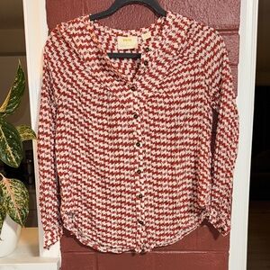 Anthropologie Red and White Patterned Button Down Blouse